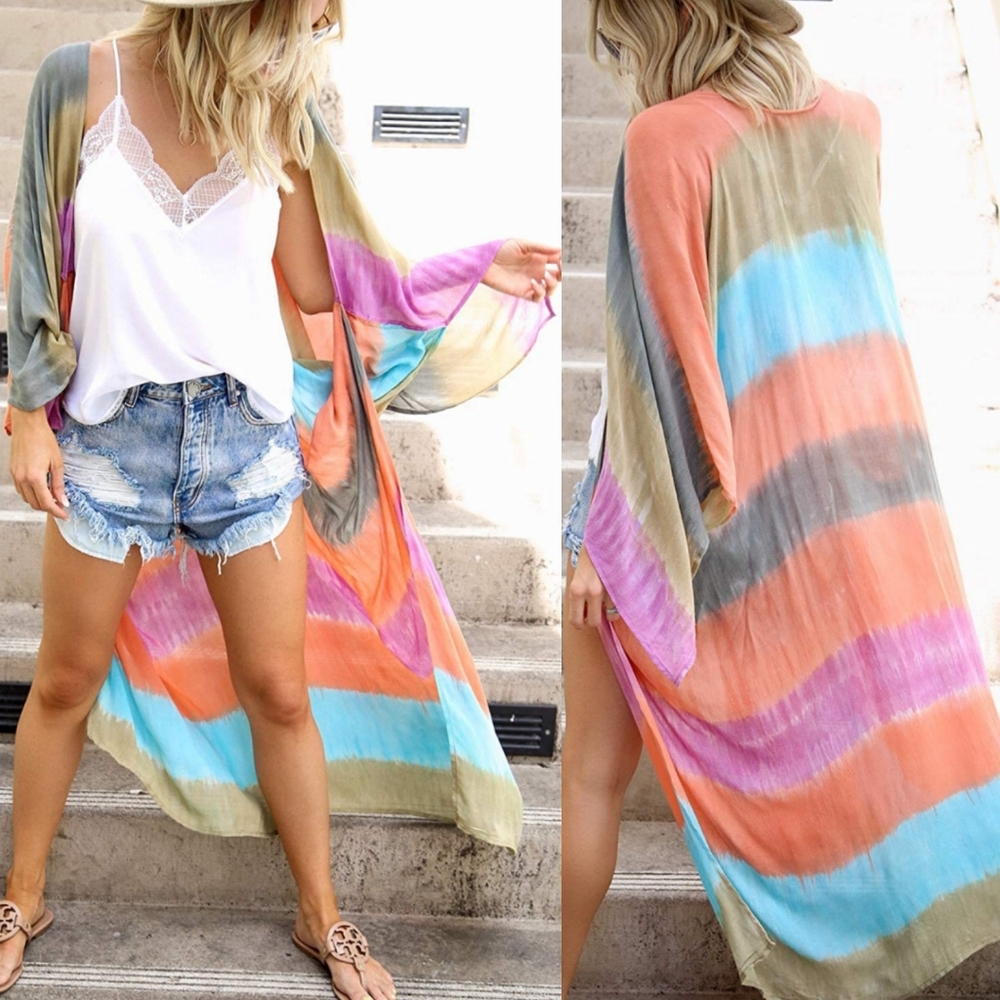 1 left! Rainbow Tie Dye Striped Long Flowy Kimono - Picture 3 of 7